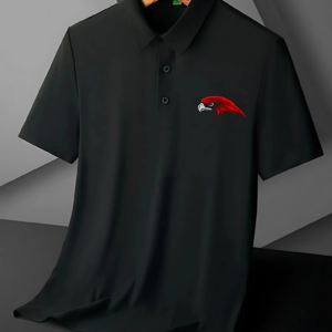 Customizable Black Polo T-Shirt with Red Hawk Logo