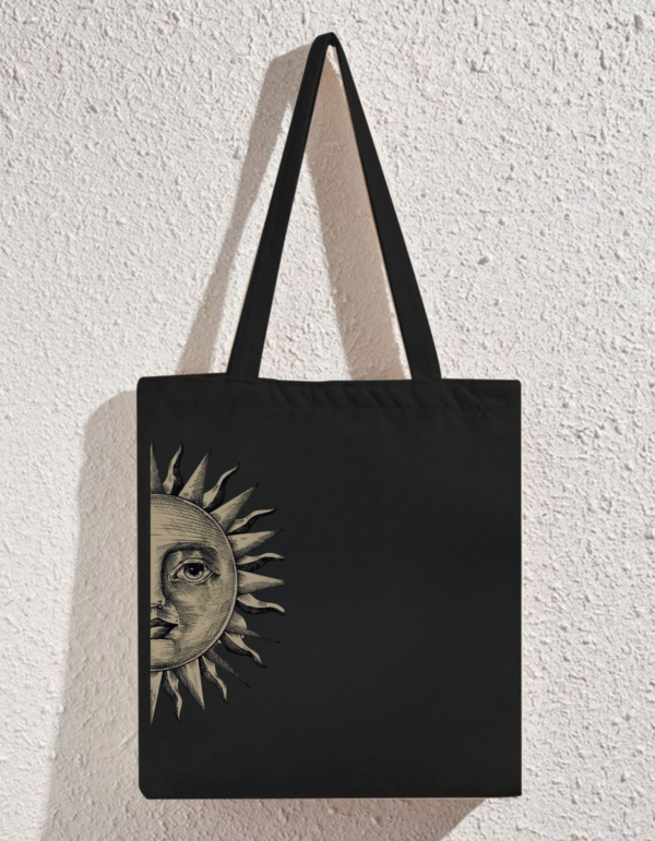 Black Cotton Tote Bag with Aesthetic Half Sun Print – Eco-Friendly Reusable Canvas Bag for Daily Use, Shopping, Gifting & Styling