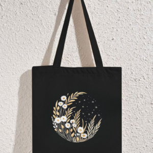 Black Floral Cotton Tote Bag with Starry Sky Print – Aesthetic Eco-Friendly Canvas Bag for Women, Gifting & Everyday Use