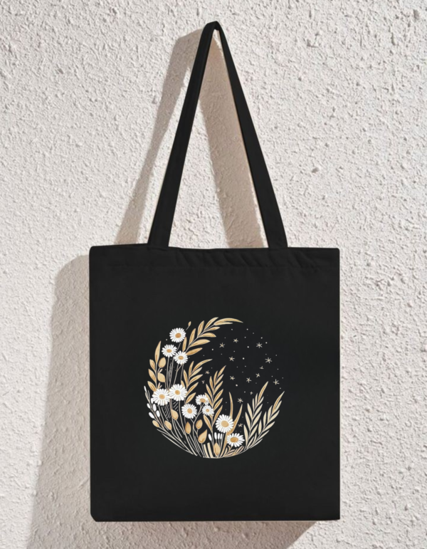 Black Floral Cotton Tote Bag with Starry Sky Print – Aesthetic Eco-Friendly Canvas Bag for Women, Gifting & Everyday Use