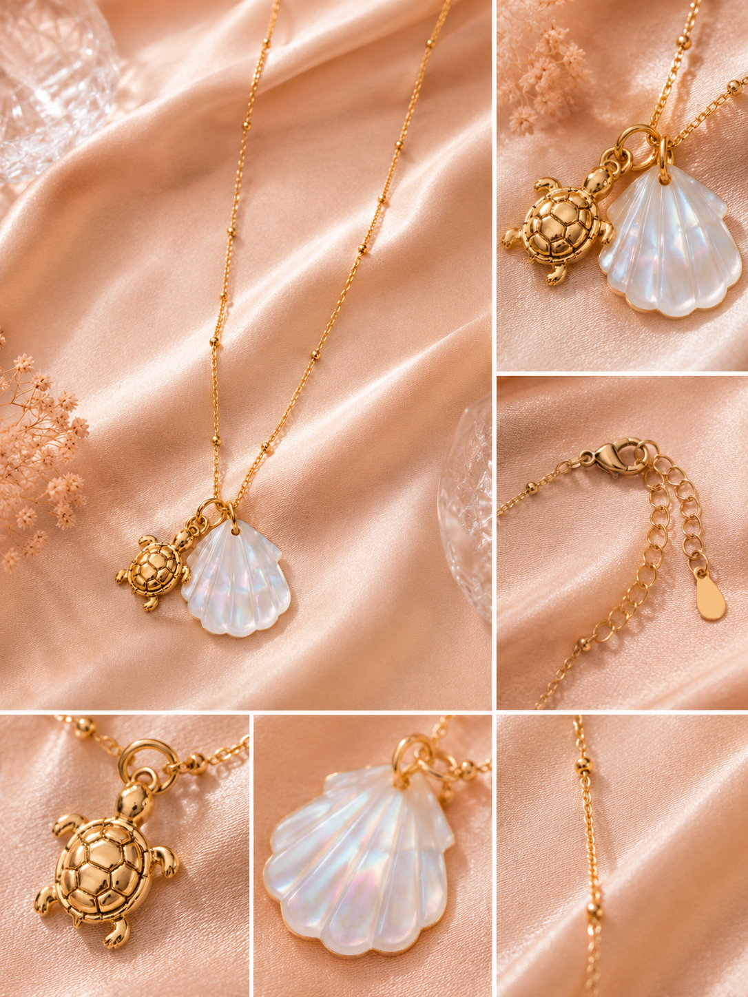 Anti tarnish mother of pearl turtle pendant necklace