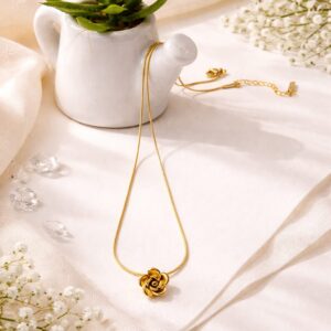 Gold Rose Pendant Anti Tarnish Necklace for Women with Minimal Korean Style Design