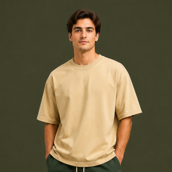 Beige Oversized Drop Shoulder T-Shirt for Men & Women | 210 GSM Cotton Terry Loopknit