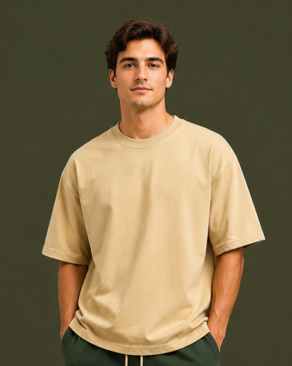 Beige Oversized Drop Shoulder T-Shirt for Men & Women | 210 GSM Cotton Terry Loopknit