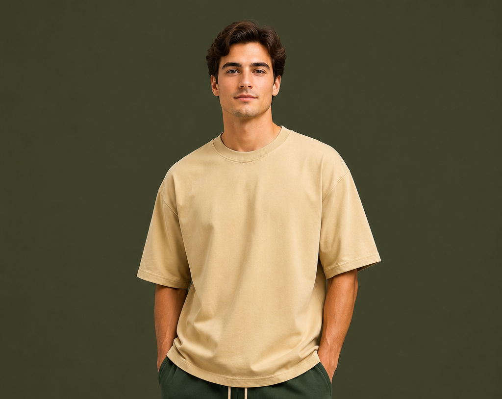 Beige Oversized Drop Shoulder T-Shirt for Men & Women | 210 GSM Cotton Terry Loopknit