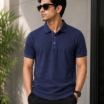 Plain navy blue honeycomb polo t shirt for men with collar design