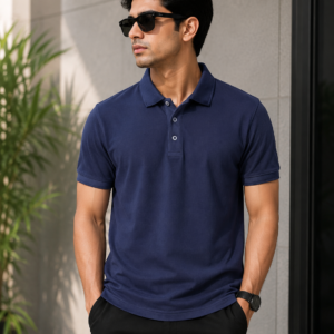 Plain navy blue honeycomb polo t shirt for men with collar design