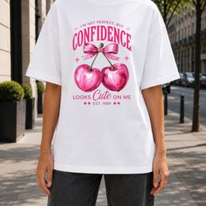 Confidence graphic oversized t shirt for women with aesthetic pink cherry print
