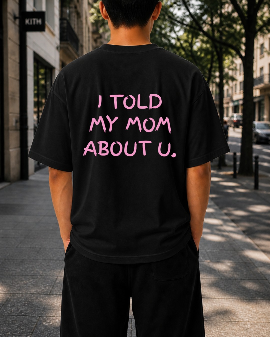 black printed oversized t shirt Black oversized t shirt with I Told My Mom About You quote back print