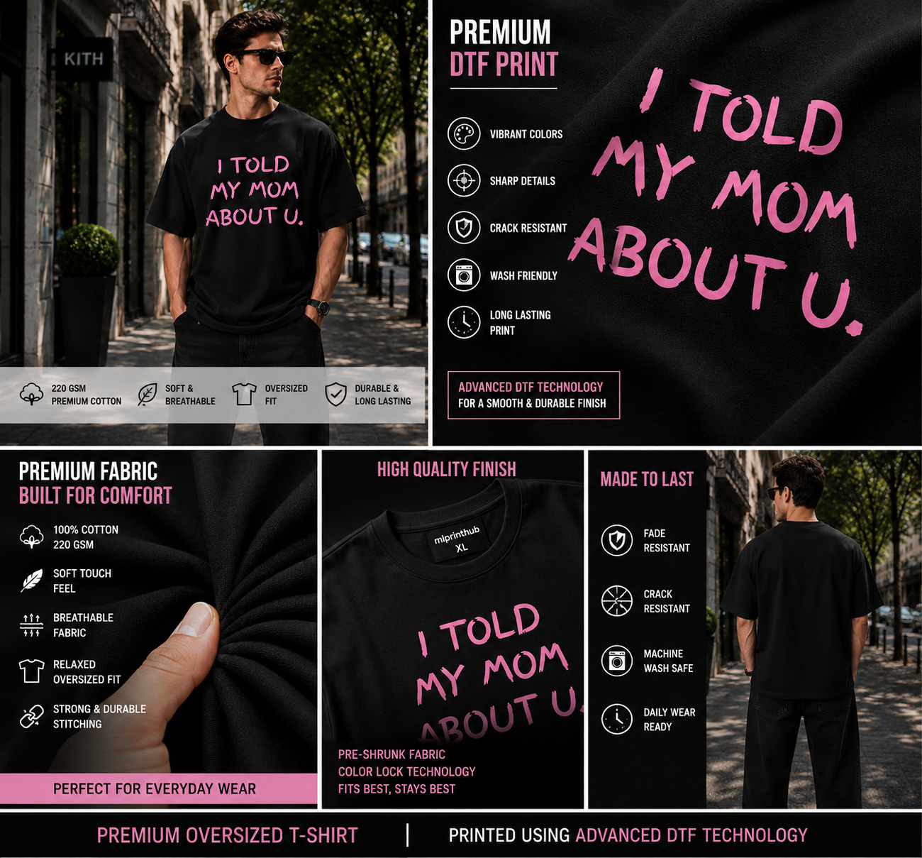 men black oversized t shirt | i told my mom about you quote back print