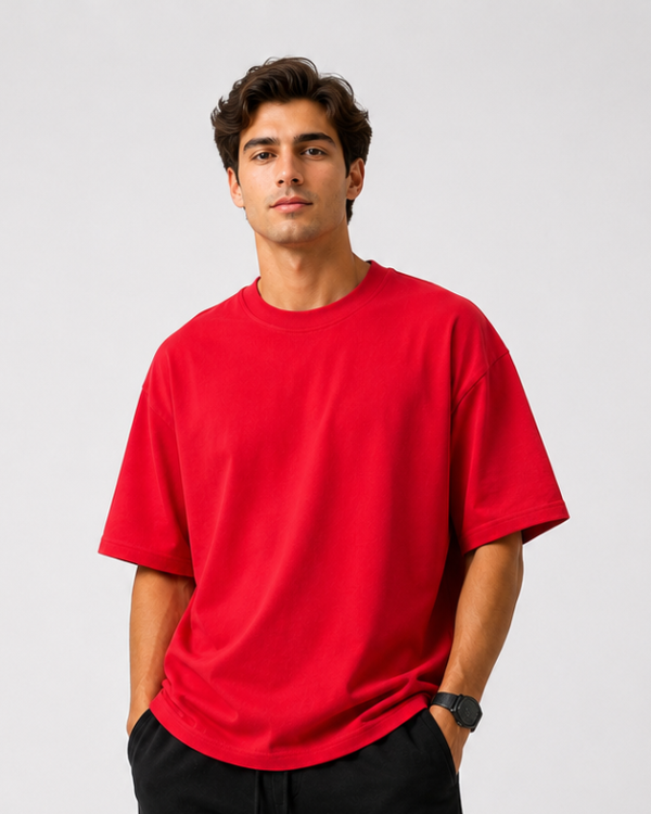 Red Oversized Drop Shoulder T-Shirt for Men & Women | 210 GSM Cotton Terry Loopknit