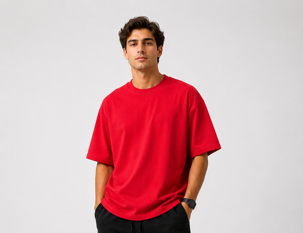 Red Oversized Drop Shoulder T-Shirt for Men & Women | 210 GSM Cotton Terry Loopknit