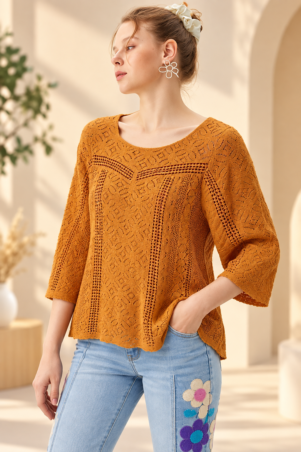 Women’s Korean Top – Stylish Lace Pattern Loose Fit Top