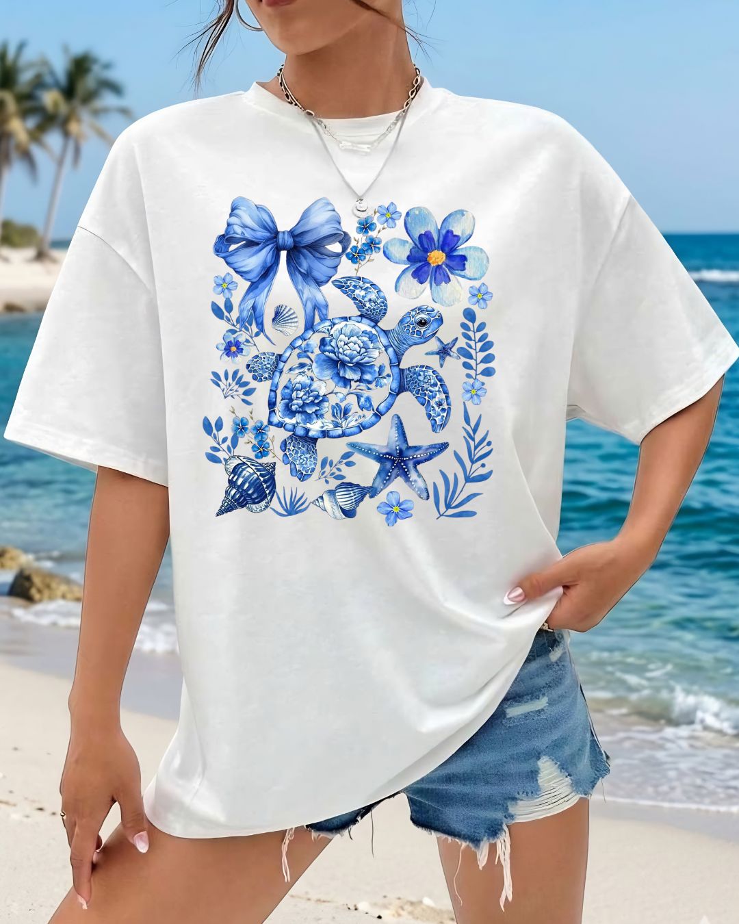 ocean turtle print white t shirt Women white oversized graphic t shirt with blue beach aesthetic print