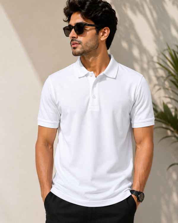 Plain white honeycomb polo t shirt for men with collar design