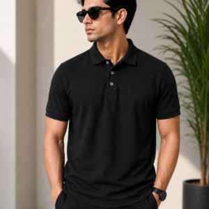 Plain black honeycomb polo t shirt for men with collar design