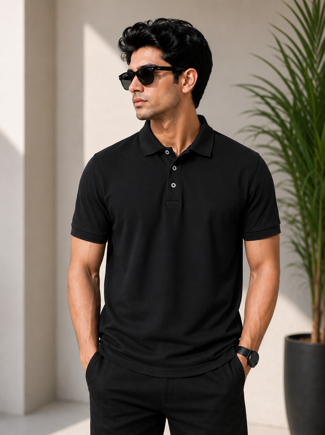 black polo t shirt Plain black honeycomb polo t shirt for men with collar design