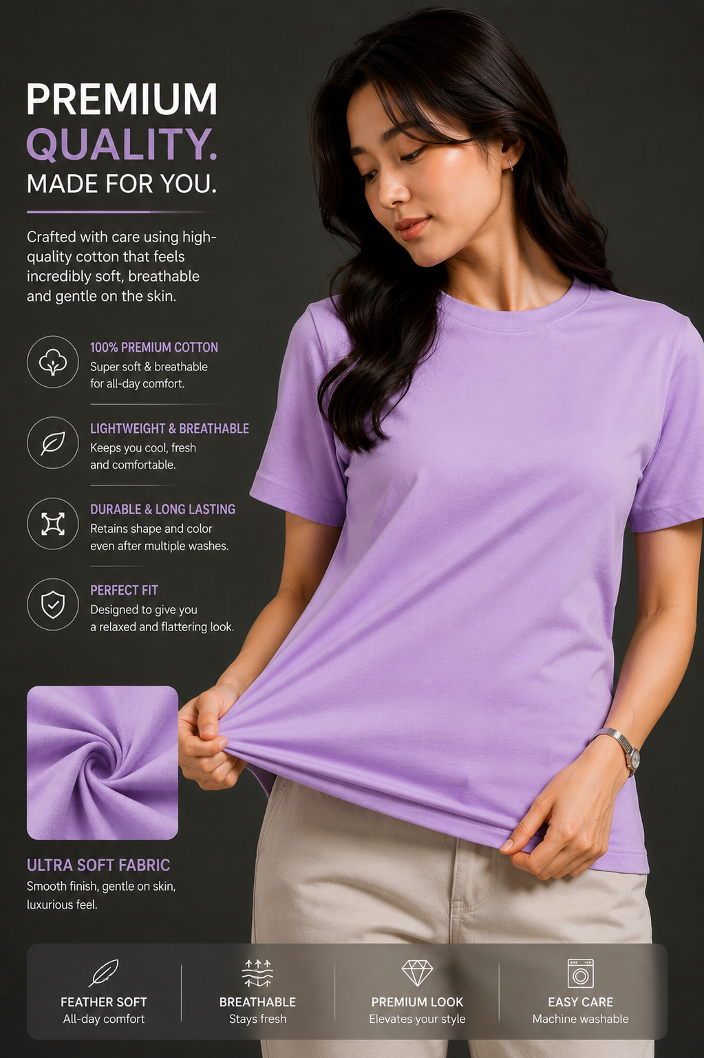 Lavender Purple T Shirt for Women | Plain Solid Casual Cotton Regular Fit Tee