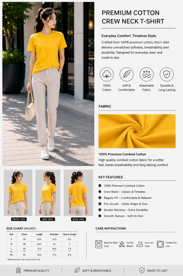 yellow regular fit t shirt for women | 180 gsm bio wash round neck cotton t shirt