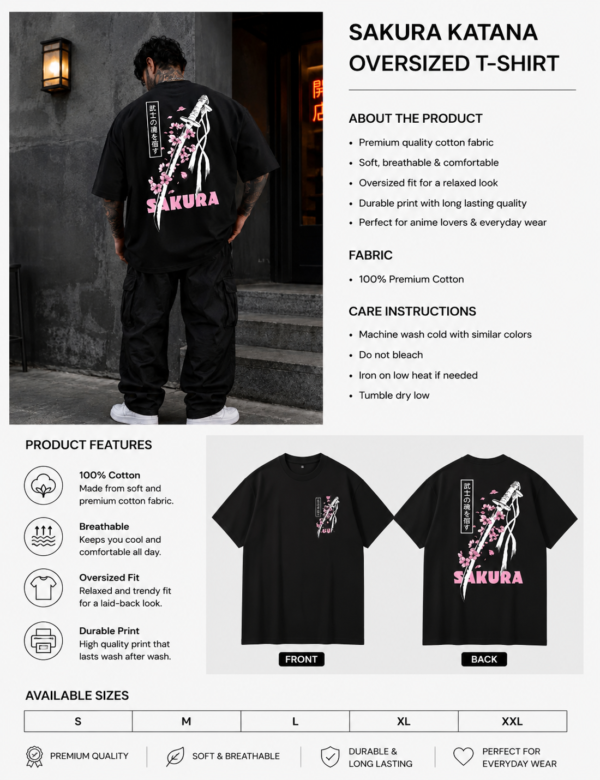 sakura katana oversized t shirt for men | japanese streetwear back print graphic tee