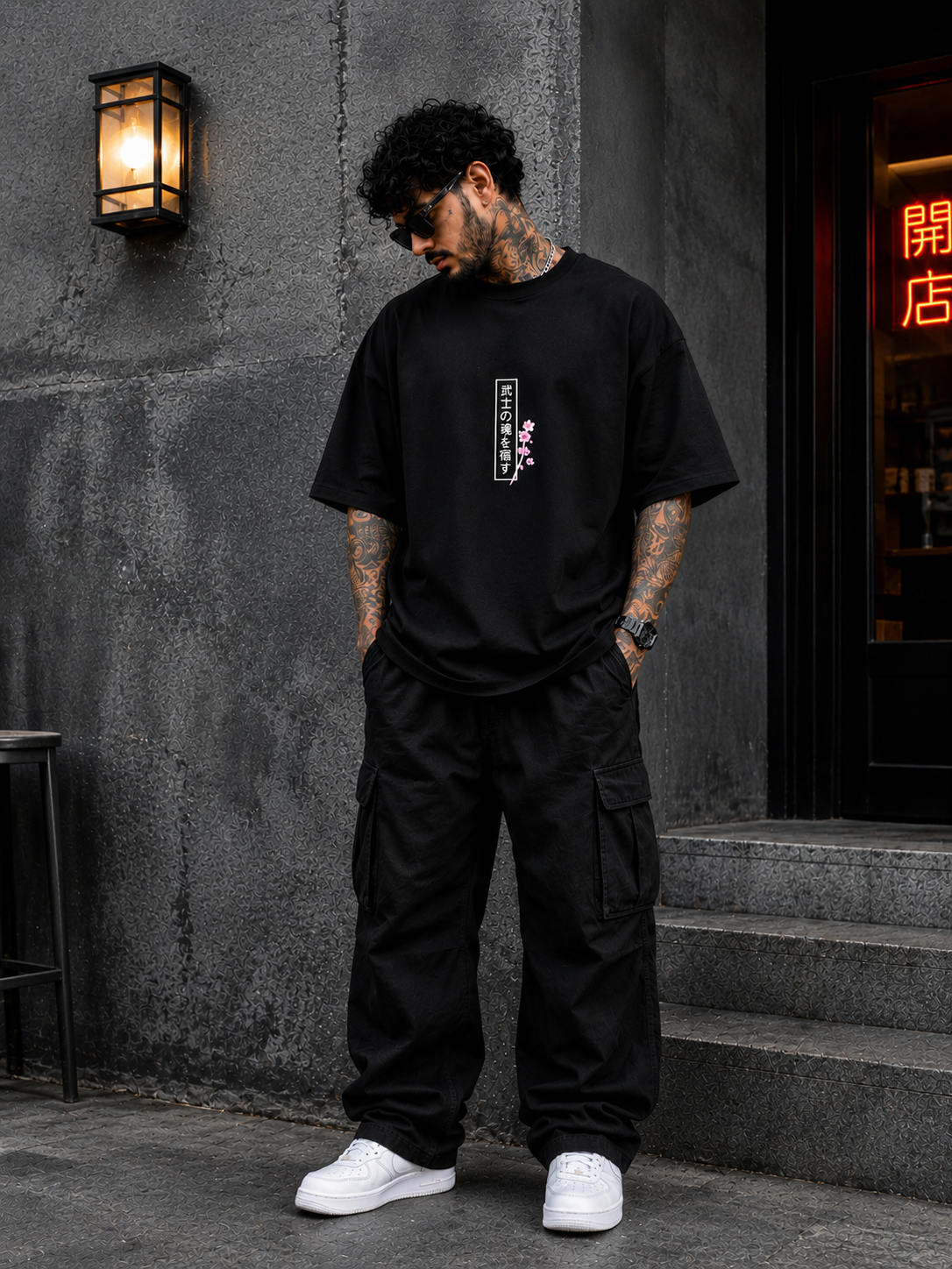 Sakura Anime Oversized T-Shirt for Men | Japanese Katana Back Print Streetwear T-Shirt