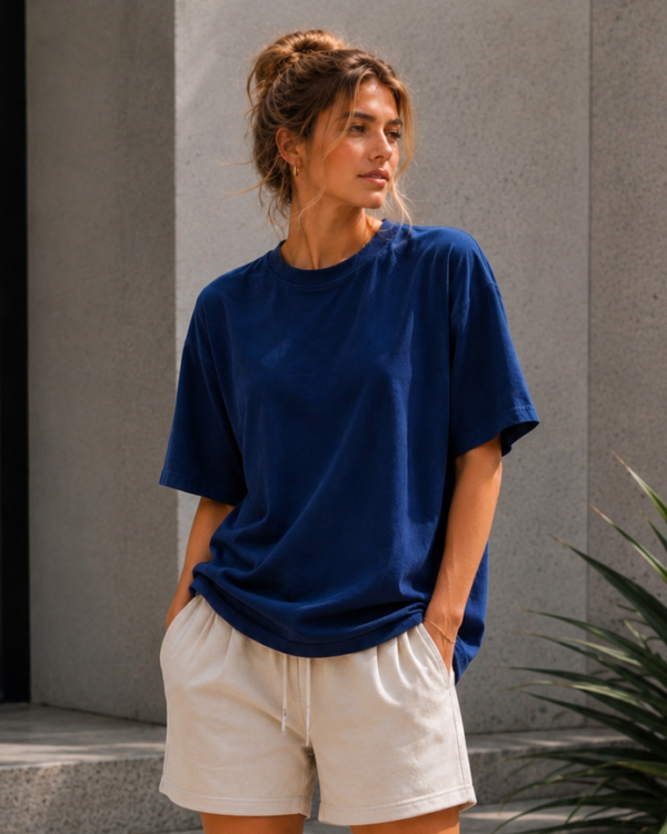 Navy Blue Oversized T Shirt for Women | Premium Cotton Loose Fit Half Sleeve Casual Basic Tee