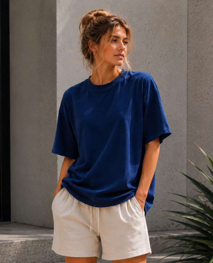 Navy Blue Oversized T Shirt for Women | Premium Cotton Loose Fit Half Sleeve Casual Basic Tee