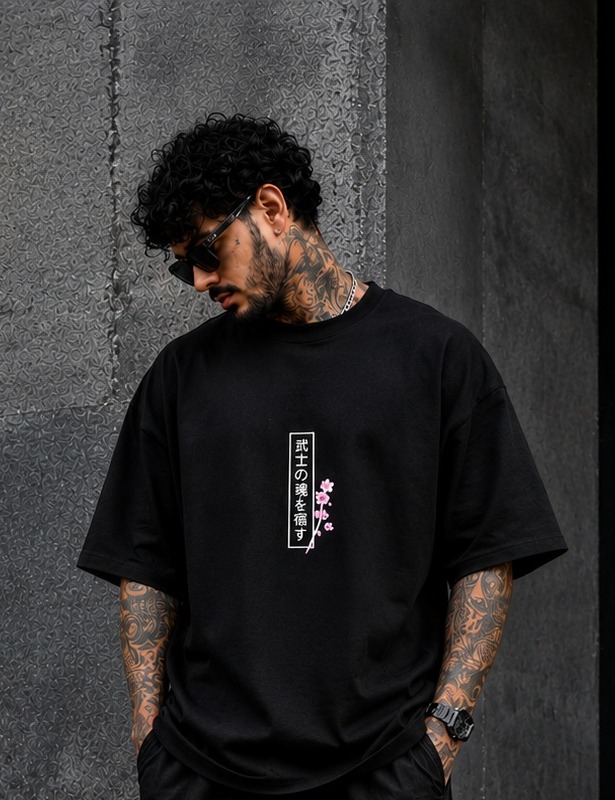 Sakura Anime Oversized T-Shirt for Men | Japanese Katana Back Print Streetwear T-Shirt