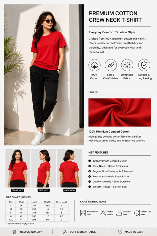 red regular fit t shirt for women | 180 gsm bio wash round neck cotton t shirt