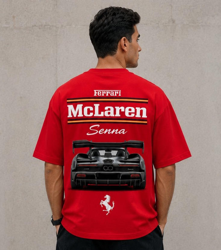 Red Racing Car Oversized T Shirt for Men | Motorsport Graphic Streetwear Half Sleeve Tee