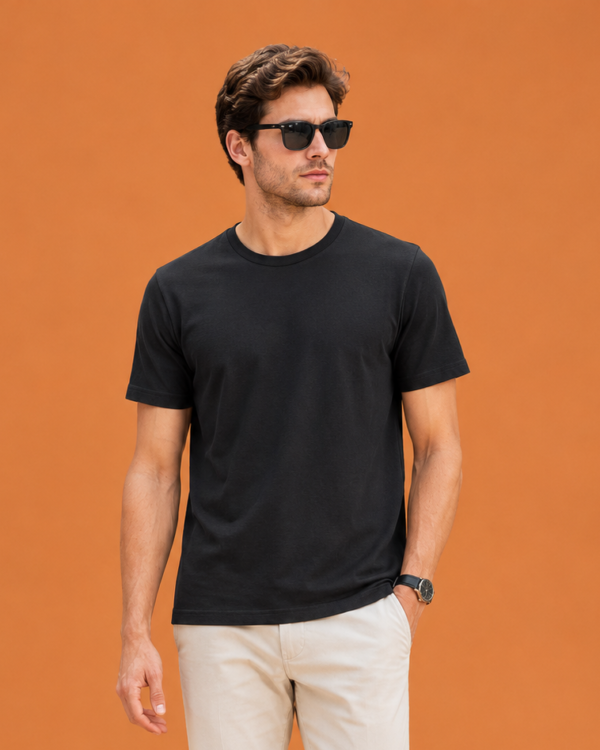 black regular fit t shirt for men | 180 gsm bio wash round neck cotton t shirt
