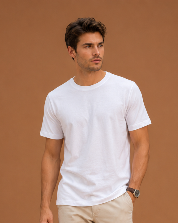 white regular fit t shirt for men | 180 gsm bio wash round neck cotton t shirt
