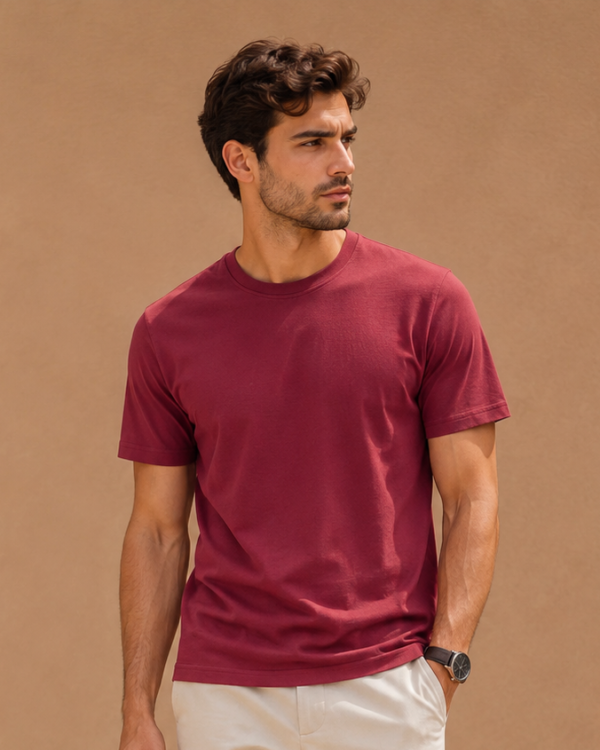 maroon regular fit t shirt for men | 180 gsm bio wash round neck cotton t shirt
