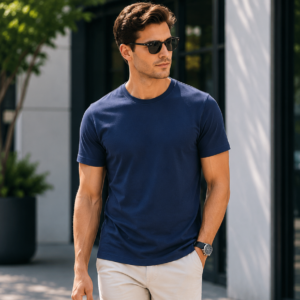 navy blue regular fit t shirt for men | 180 gsm bio wash round neck cotton t shirt
