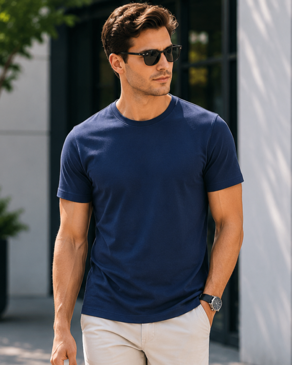 navy blue regular fit t shirt for men | 180 gsm bio wash round neck cotton t shirt
