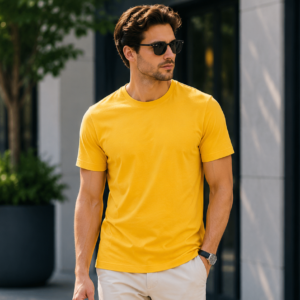 mustard yellow regular fit t shirt for men | 180 gsm bio wash round neck cotton t shirt