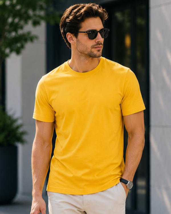 mustard yellow regular fit t shirt for men | 180 gsm bio wash round neck cotton t shirt
