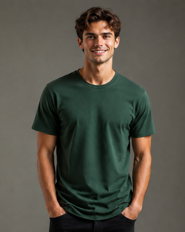 bottle green regular fit t shirt for men | 180 gsm bio wash round neck cotton t shirt