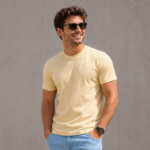 beige regular fit t shirt for men | 180 gsm bio wash round neck cotton t shirt