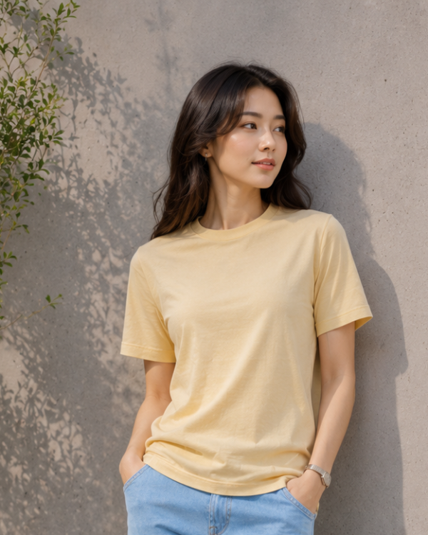 women beige regular fit t shirt | plain cotton round neck t shirt for women