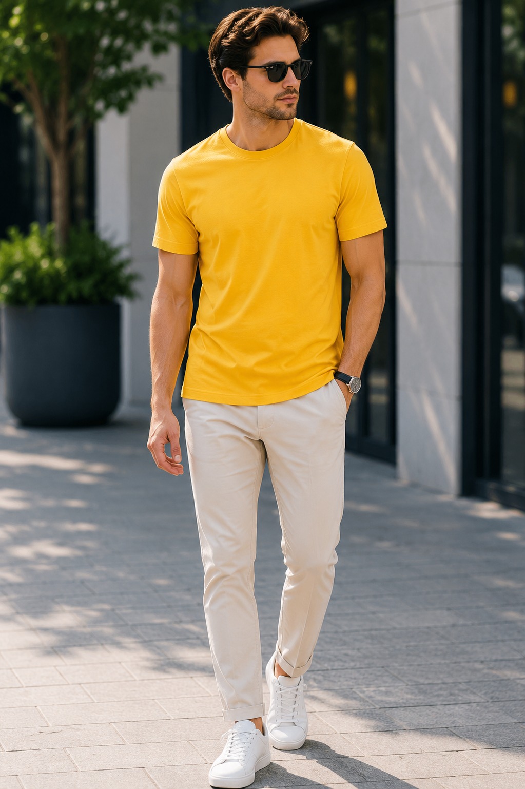 Mustard Yellow Regular Fit T-Shirt for Men | 180 GSM Bio Wash Round Neck Cotton T-Shirt