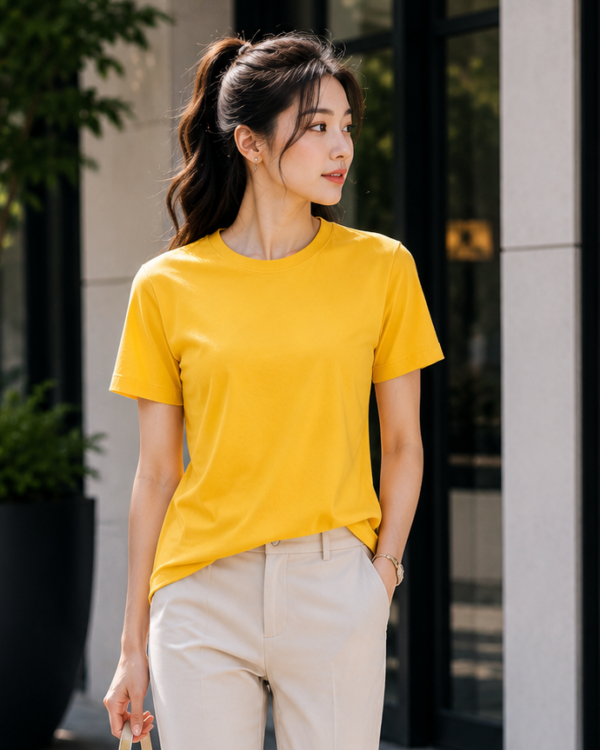 yellow regular fit t shirt for women | 180 gsm bio wash round neck cotton t shirt