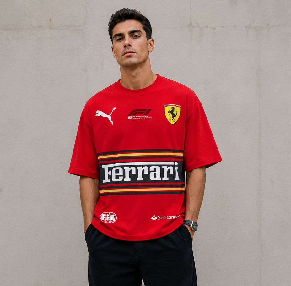 Red Racing Car Oversized T Shirt for Men | Motorsport Graphic Streetwear Half Sleeve Tee