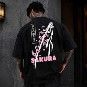 sakura katana oversized t shirt for men | japanese streetwear back print graphic tee