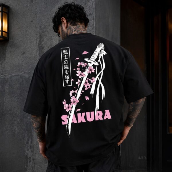 sakura katana oversized t shirt for men | japanese streetwear back print graphic tee