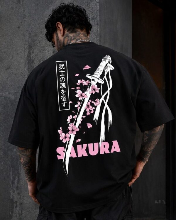 sakura katana oversized t shirt for men | japanese streetwear back print graphic tee