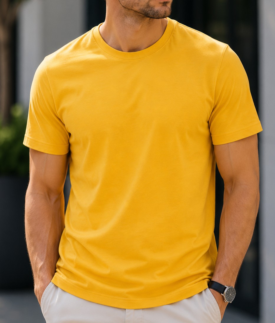 Mustard Yellow Regular Fit T-Shirt for Men | 180 GSM Bio Wash Round Neck Cotton T-Shirt