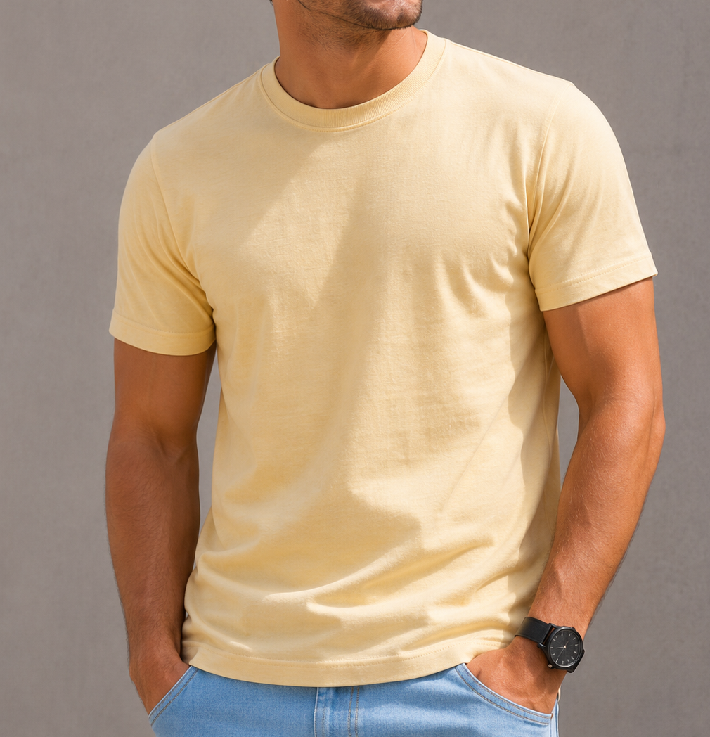 Beige Regular Fit T-Shirt for Men | 180 GSM Bio Wash Round Neck Cotton T-Shirt