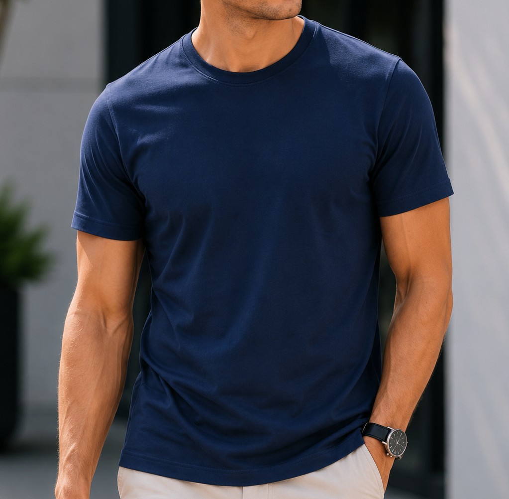 Navy Blue Regular Fit T-Shirt for Men | 180 GSM Bio Wash Round Neck Cotton T-Shirt