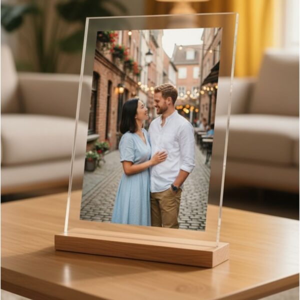 Personalized Acrylic Photo Frame with Wooden Base | Custom Photo Frame Gift for Couples, Family & Friends
